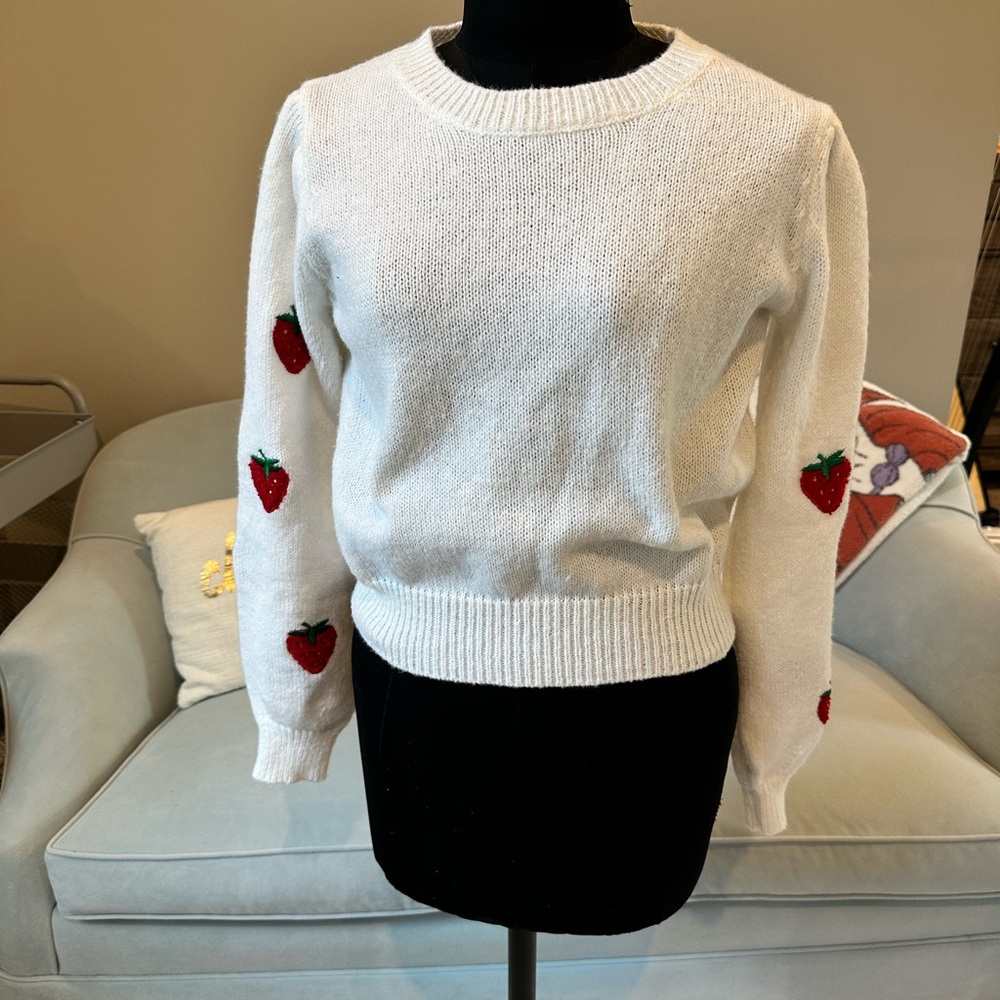 Cider White Sweater with Red Strawberry Details